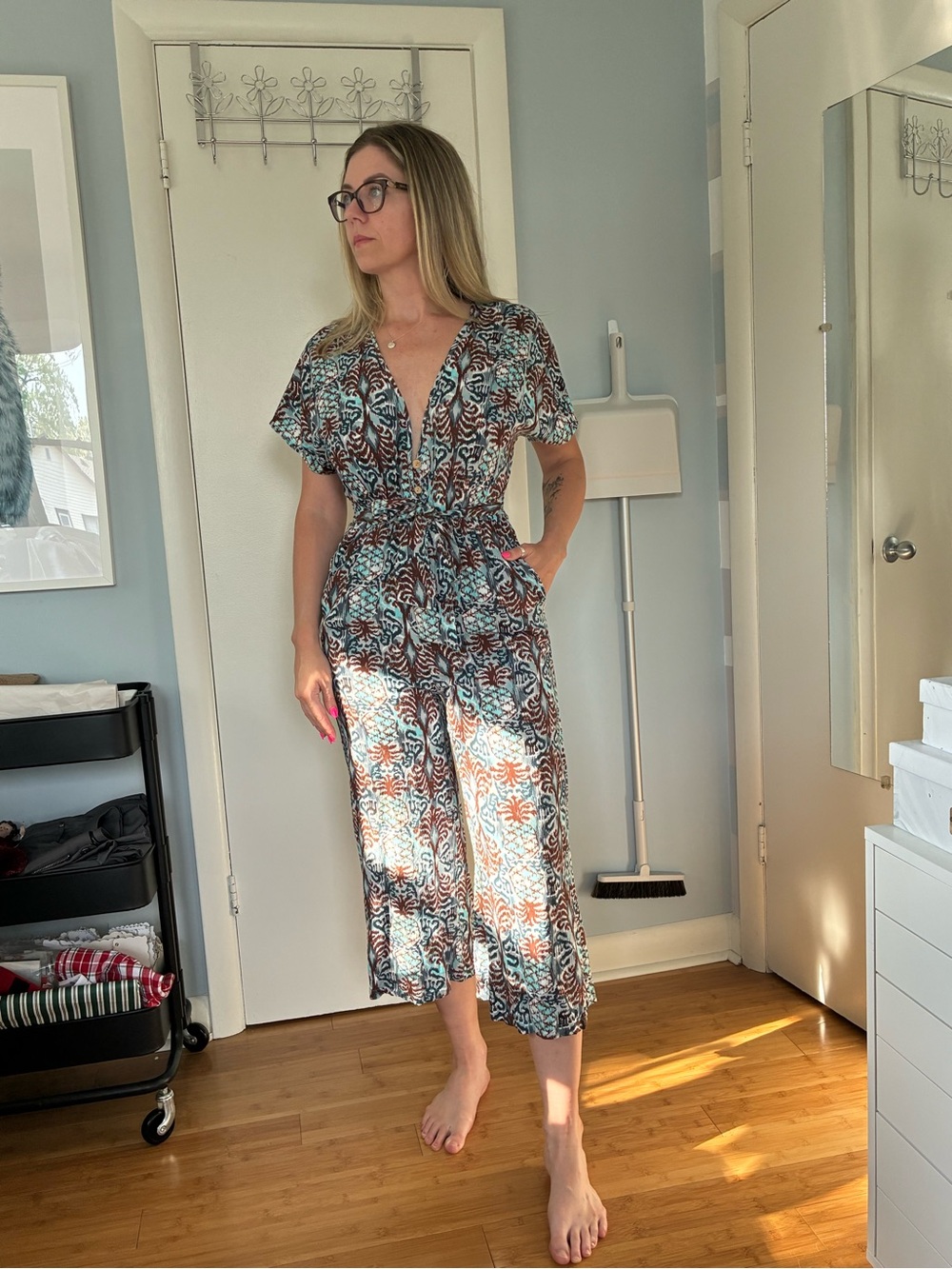 blue island Teal, brown & Cream Printed V-Neck Wide-Leg Jumpsuit